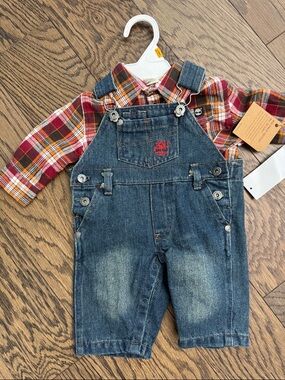 Timberland Blue Denim Overalls with Red Plaid Shirt ~